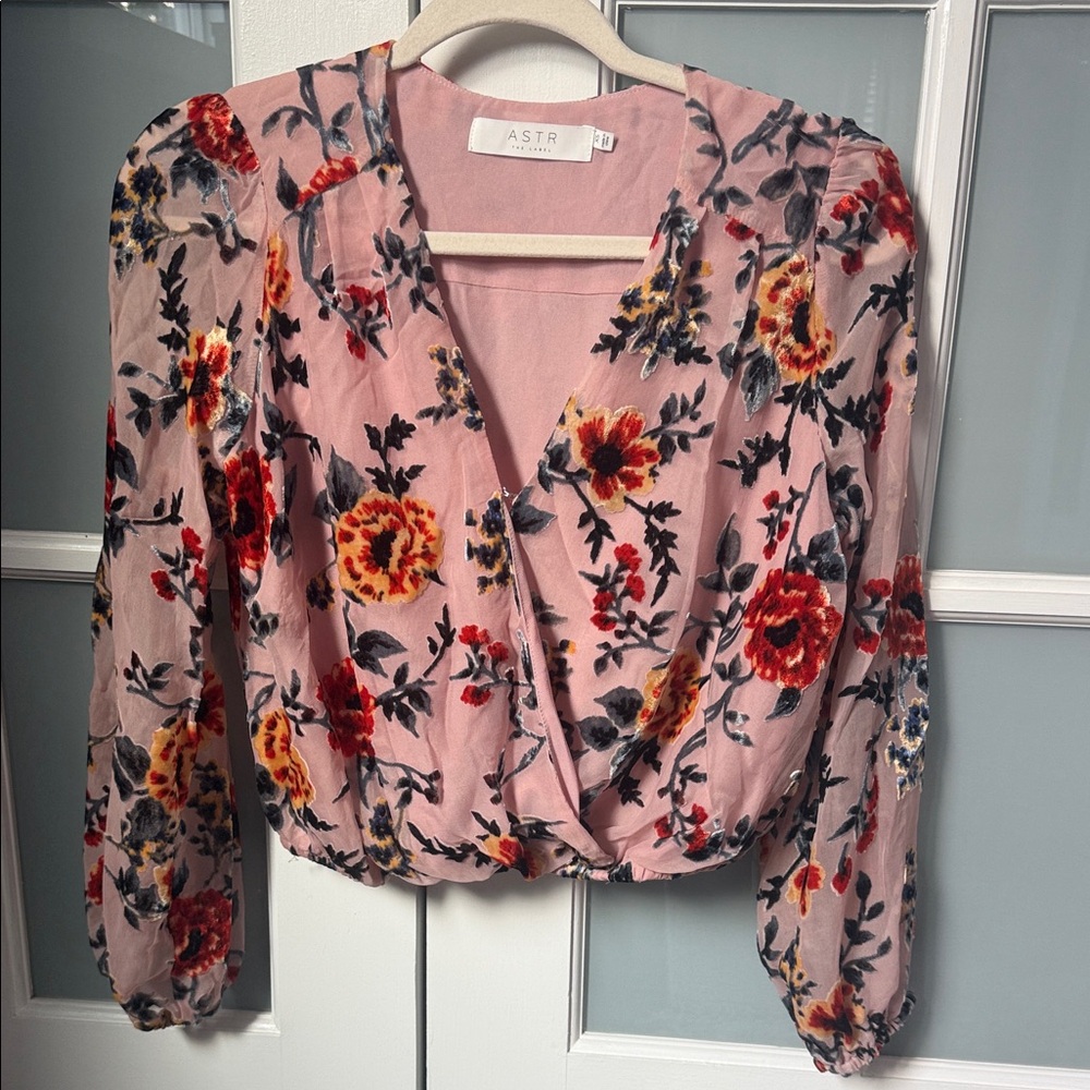 Astr Pink and Red Floral Wrap Blouse